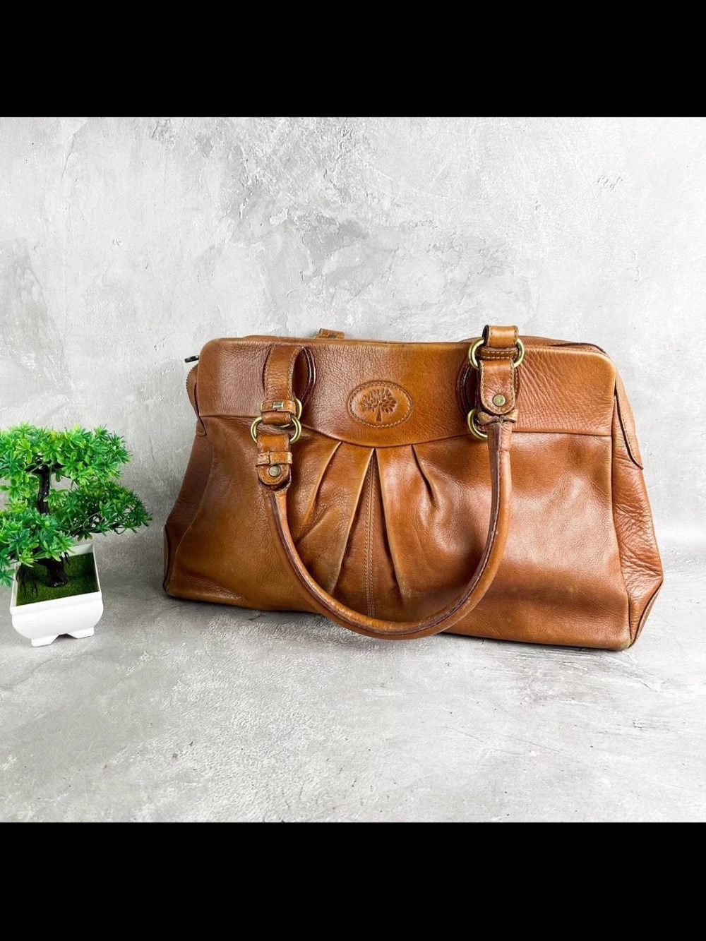 Mulberry Cognac Leather Pleated Tote with Top Handles